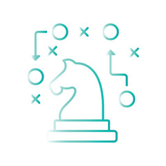 Outline illustration of a chess knight piece surrounded by strategic planning symbols and arrows, representing business strategy and tactical thinking.