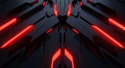 Dark Futuristic Geometric Pattern With Red Glowing Lines And Small Details