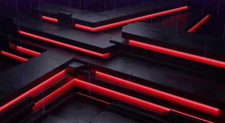 Dark Futuristic Structure With Red Neon Lights Abstract Background