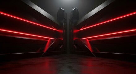 Dark Industrial Corridor With Red Neon Lights And Concrete Floor With Reflections