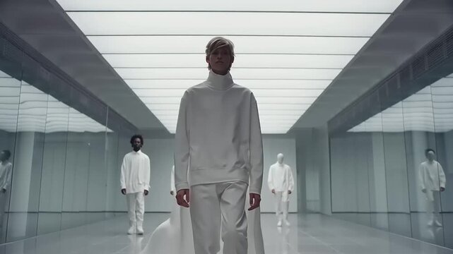 Cinematic vision of eco-conscious fashion models walking in a futuristic, minimalist environment from a central viewpoint