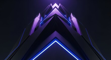 Futuristic Abstract Building With Neon Blue And Purple Lighting Against Dark Night Sky