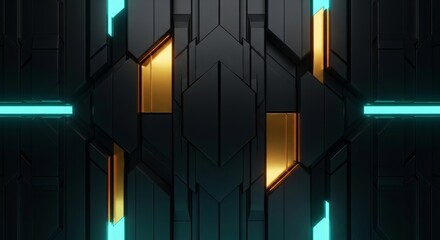 Futuristic Abstract Geometric Panel With Gold And Cyan Accents And Dramatic Lighting