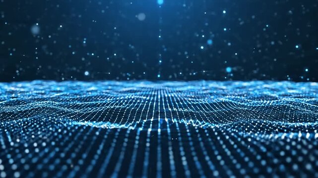 Abstract blue digital wave particles flowing in data network