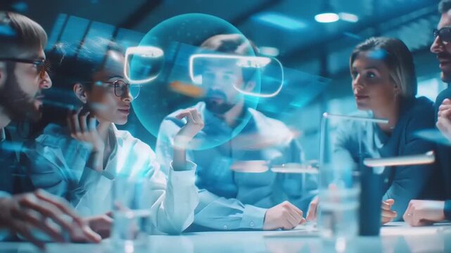 Diverse professionals collaborating in a futuristic virtual reality workspace using advanced technology and digital tools together