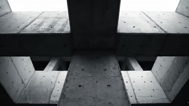 Abstract concrete grid structure with beams and sky openings