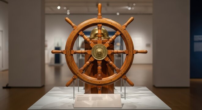 Vintage wooden ship wheel displayed in maritime museum exhibition hall with brass hub detailing and polished wood finish