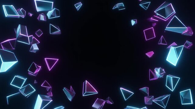 Abstract neon glowing cubes and triangles moving on dark background