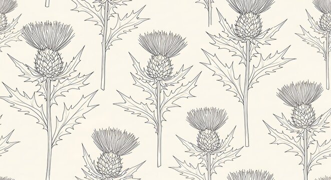 Elegant seamless pattern featuring stylized thistle flower illustrations