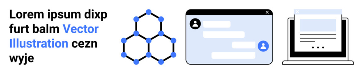 Digital networking, scientific visualization, online communication, research, user interface design, and data presentation. Molecule structure, chat window and laptop displayed. Digital networking