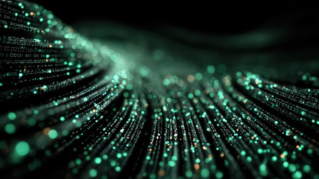 Streams of binary code and flowing data, illustrating data processing, big data analytics, AI, machine learning, data science, programming, and digital transformation.