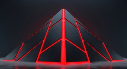 Futuristic Dark Pyramid Structure With Glowing Red Neon Lines In A Moody Atmospheric Setting