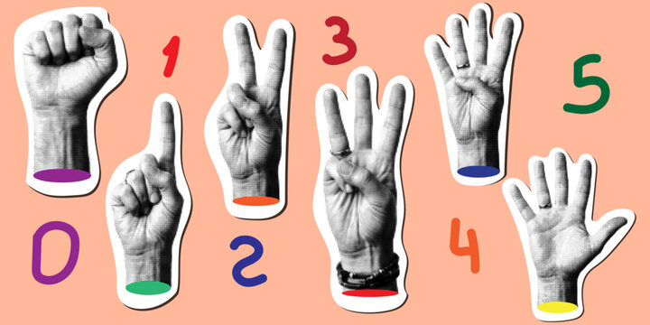 Halftone hand gestures counting from zero to five set. Finger count numbers in dithered retro style isolated