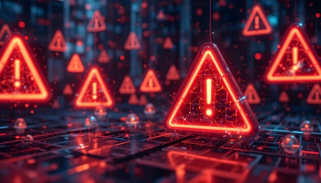 Digital abstract background featuring floating red and orange warning triangles, hacker alert concept