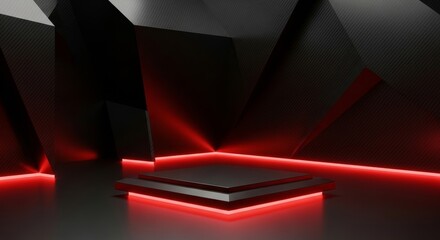 Futuristic Dark Stage With Neon Red Lights And Geometric Platform