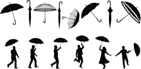 Umbrella silhouette collection with people walking, rainy weather vector set, stylish parasol icons, human figures under umbrella illustration pack © Ayesha