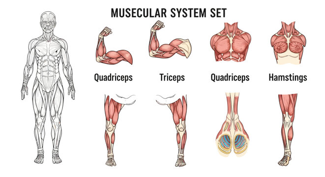 Human Muscular System Anatomy Set Illustration Featuring Full Body Diagram and Detailed Views of Arms Chest and Legs for Medical Education and Fitness Study.