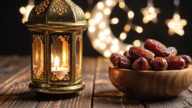 Cinematic close shot of a handcrafted golden arabic lantern with pierced floral patterns candlelight flickering warmly inside placed beside a wooden bowl of rich brown dates on textured wooden table s