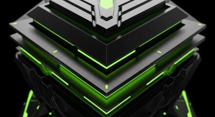 Futuristic Geometric Structure With Neon Green Accents And Dark Matte Finish