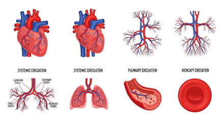 Detailed Human Circulatory System Medical Infographic Featuring Heart Anatomy, Systemic and Pulmonary Circulation Pathways, Lungs, Blood Vessels, and Cells.