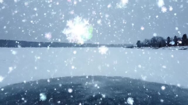 Snowfall over frozen lake with trees on shore winter landscape with snowflakes falling