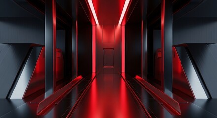 Futuristic Red Lit Corridor With Metallic Surfaces And Reflective Floor