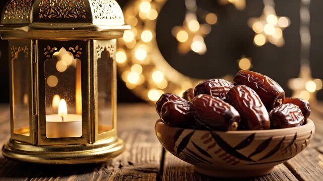 Close up macro video of a luminous golden fanous lantern with elaborate arabesque engravings candle shimmering inside positioned on rustic wooden table next to a ceramic bowl overflowing with dates so