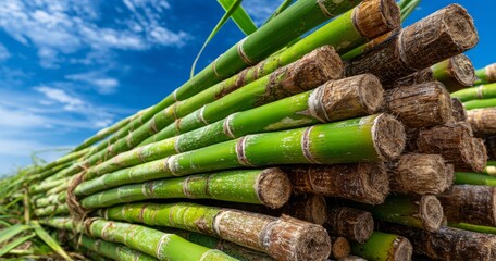Fototapeta premium Freshly Cut Sugarcane Stacks Under Vibrant Blue Sky in a Plantation Field