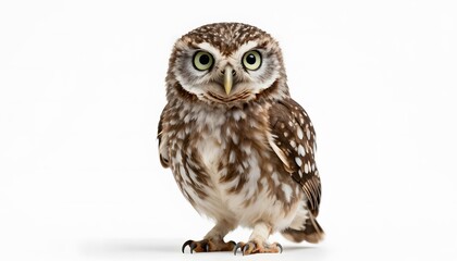 Fototapeta premium Cute little owl isolated on white background. Clean and minimal wildlife image, perfect for education, design, and animal-themed projects.