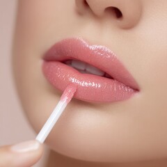 Naklejka premium Glossy Lips Beauty Applying Lip Gloss for Makeup Editorial Use Close-Up