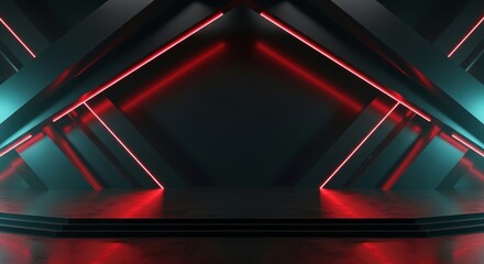 Futuristic Stage With Red And Blue Neon Lights And Reflective Floor 3D Render