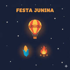 Festa Junina Flat Icon Set with Hot Air Balloon, Corn, and Bonfire