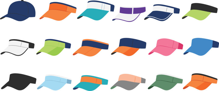 Sports Visor Cap Illustration Set with Colorful Sun Visors and Lightweight Headwear Designs for Outdoor Activities and Athletics
