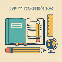 Happy Teacher's Day Illustration with School Stationery and Globe in Vintage Style
