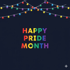 Happy Pride Month Neon Banner with Rainbow Flags and Lanterns
