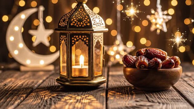 Warm cinematic close up of a golden arabic lantern casting patterned shadows candlelight flickering gently placed beside wooden bowl of dates on textured table surface soft glowing bokeh background wi