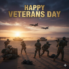 Soldiers and Tanks in Desert Combat Training at Sunset