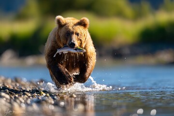 Obraz premium Bear Carrying Salmon in Water with Dripping Action During Mid-Step