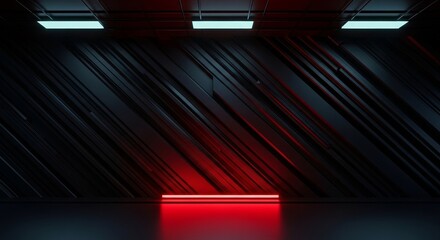 Modern Dark Industrial Interior With Red And Blue Led Lighting And Textured Walls