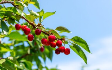 Obraz premium Bright Cherry Fruits Hanging on Tree Branches Against Clear Blue Sky