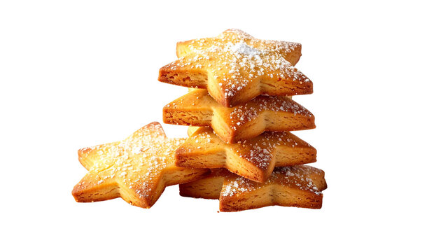 A delicious stack of golden-brown star-shaped cookies, lightly dusted with sweet sugar isolated on solid white background1