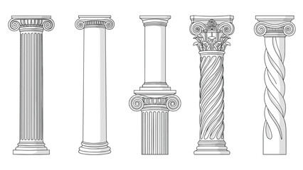 Obraz premium Set of different styles of classic architectural columns and pillars including doric, ionic, and corinthian designs on white.