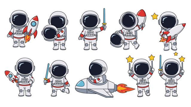 Set of cute little astronaut characters in space suits holding rockets, swords, and stars for space themed designs.