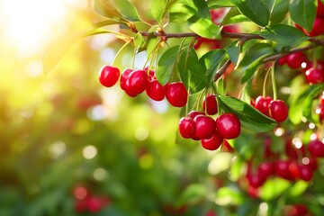 Obraz premium Ripe Red Cherries Hanging on a Green Tree Branch in Bright Garden Light