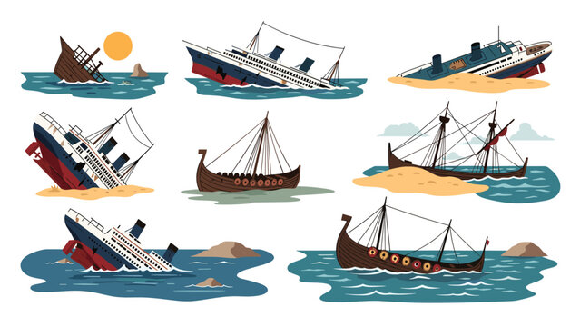 Dramatic collection of shipwrecks depicting various types of ships sinking or grounded on beaches in different weather conditions.