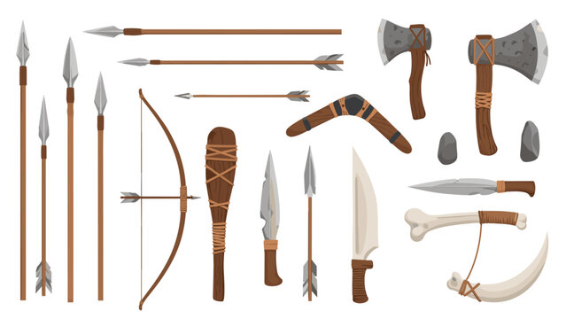 Set of ancient prehistoric weapons and tools including spears and arrows and stone axes and a boomerang and bone knife.