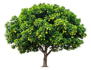 A tree with lush green leaves and yellow fruits on a white background