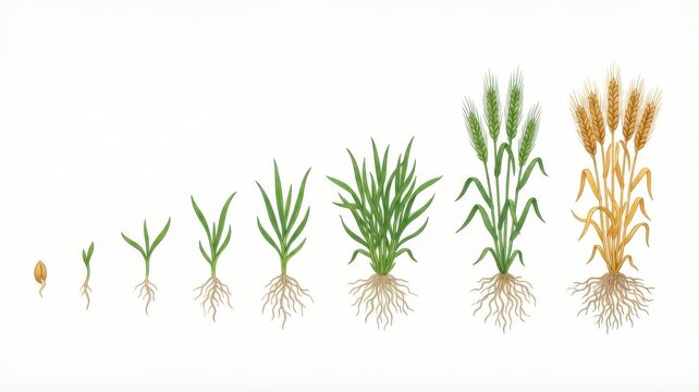 Illustration of wheat plant growth stages from seed to mature crop