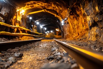 Obraz premium Underground Mine Environment with Rail Tracks and Safe Work Areas