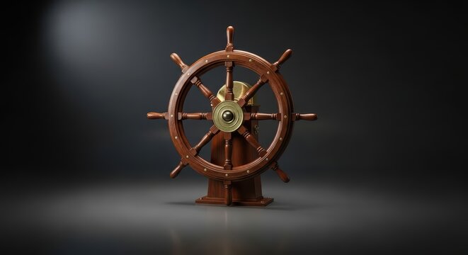 Antique wooden ship wheel with brass details in dimly lit maritime setting